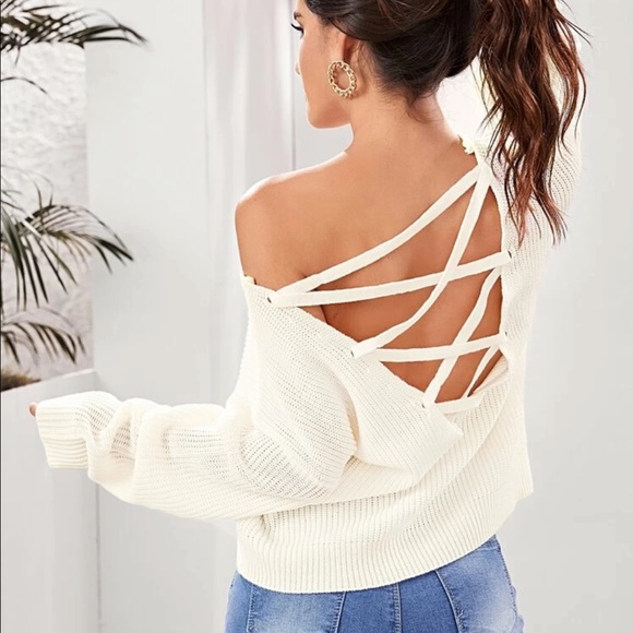 Sweaters - Lace up back knit sweater backless cream